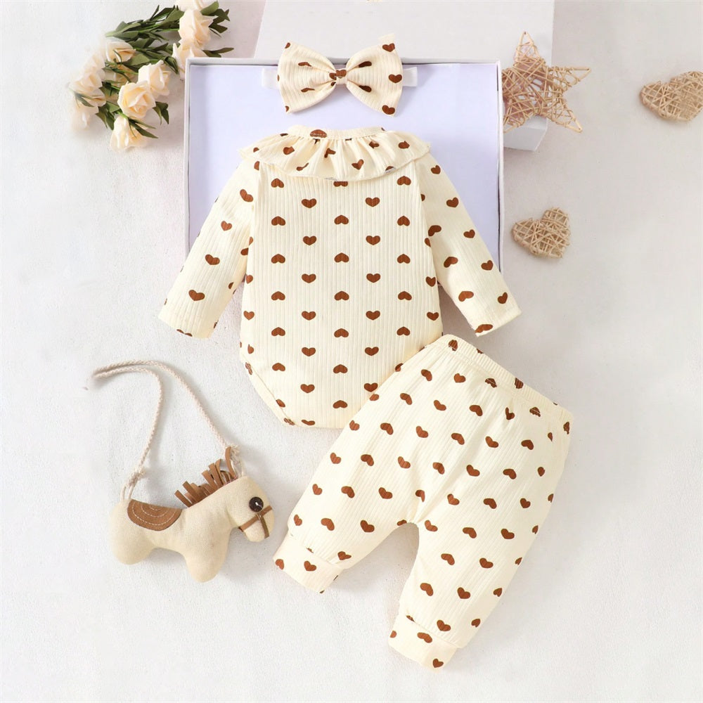 3PCS Cute Heart Print Frill Trim Long Sleeve Baby Set