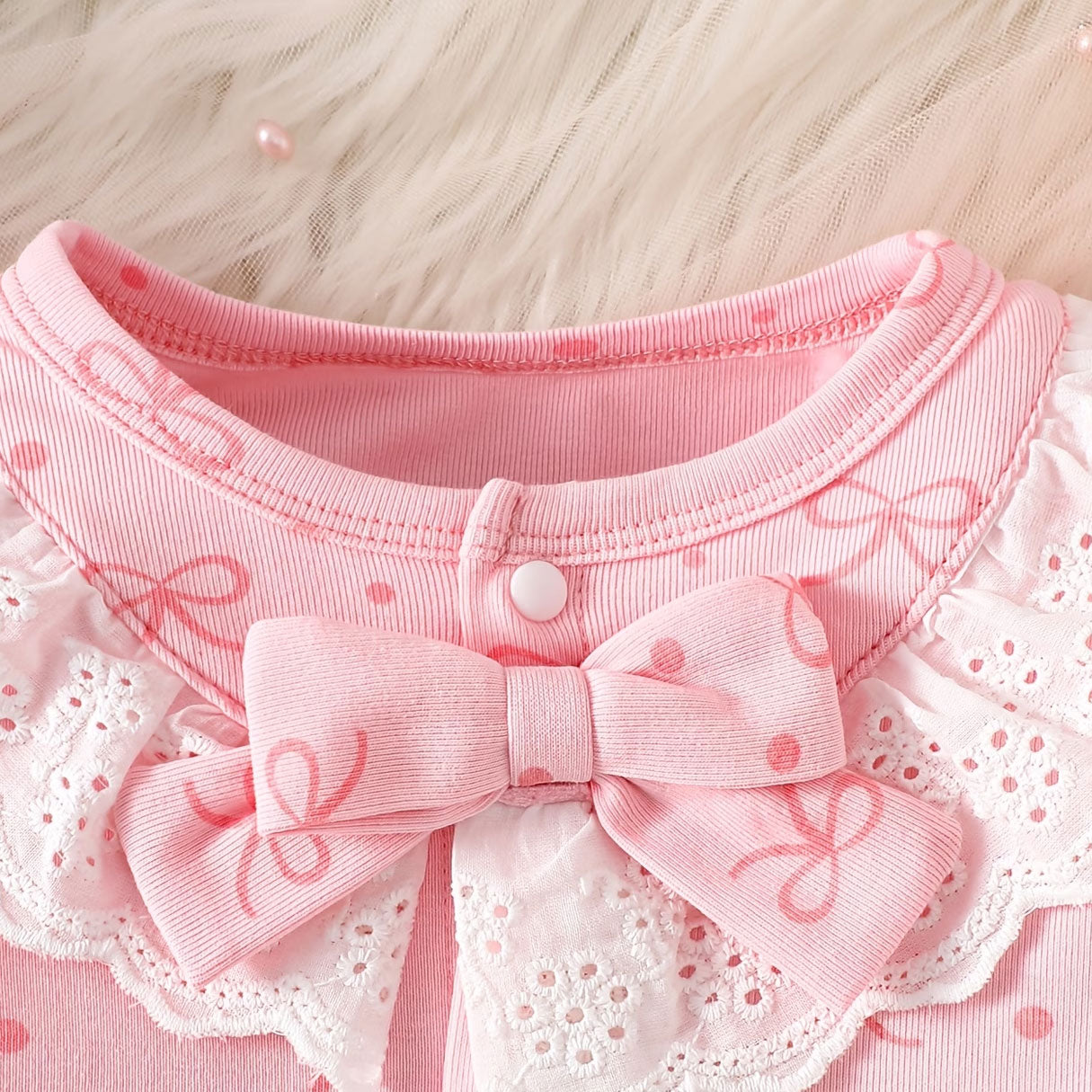 2PCS Charming Bow Printed Ruffle Long Sleeve Baby Jumpsuit