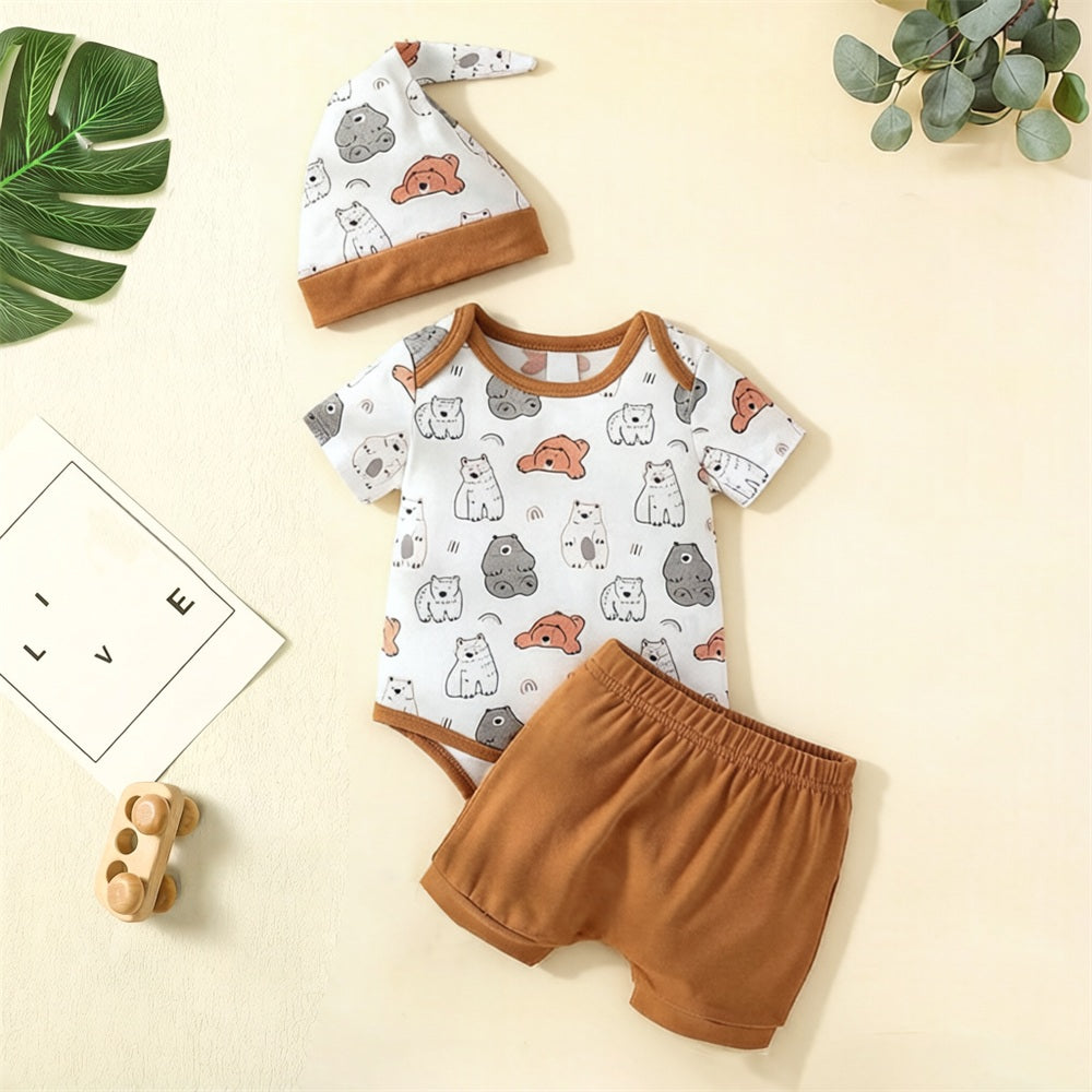 3PCS Athleisure Bear Print Short Sleeve Baby Set