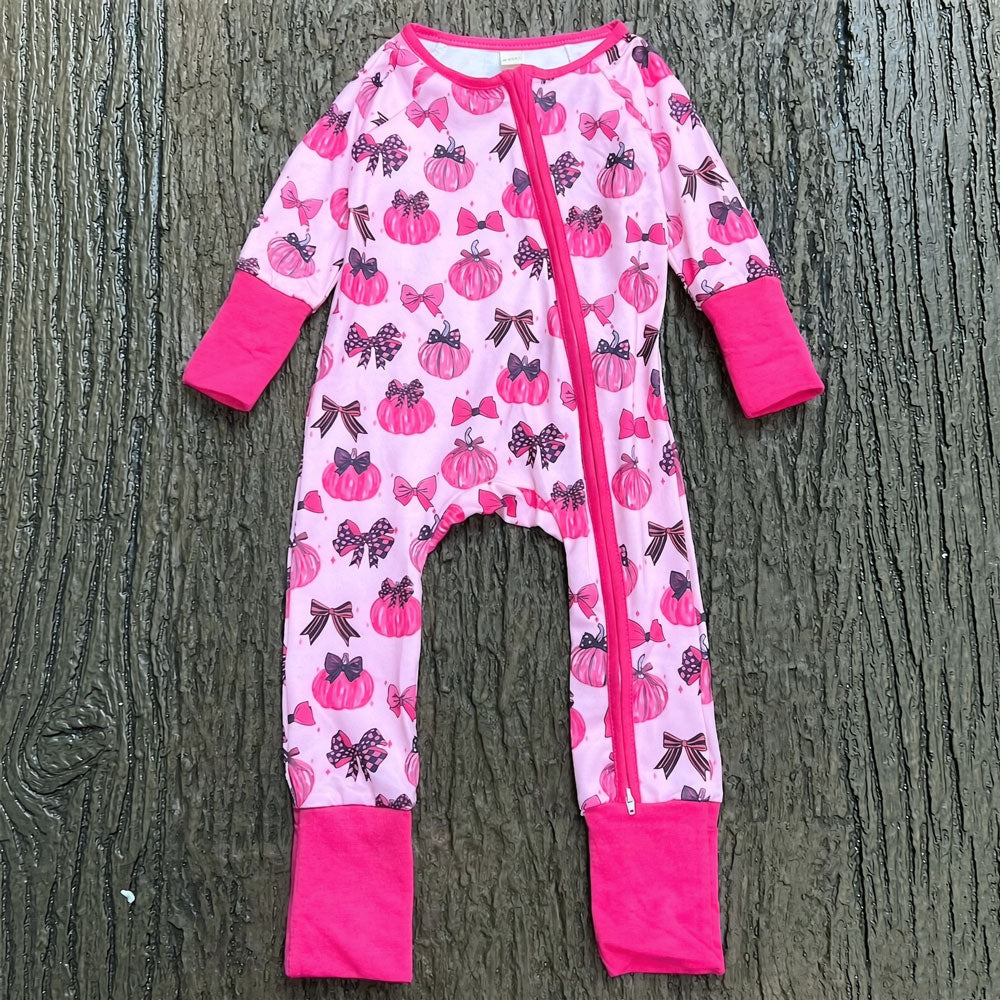 Halloween Pumpkin Bow Printed Long Sleeve Zipper Baby Jumpsuit