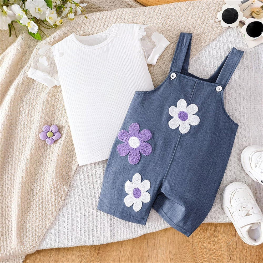 2PCS Floral Embroidery Puff Sleeve Baby Denim Overalls Set