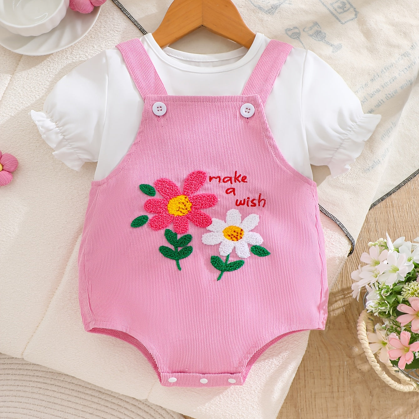 2PCS Cute Letter Embroidery Floral Appliqué Short Sleeve Baby Set