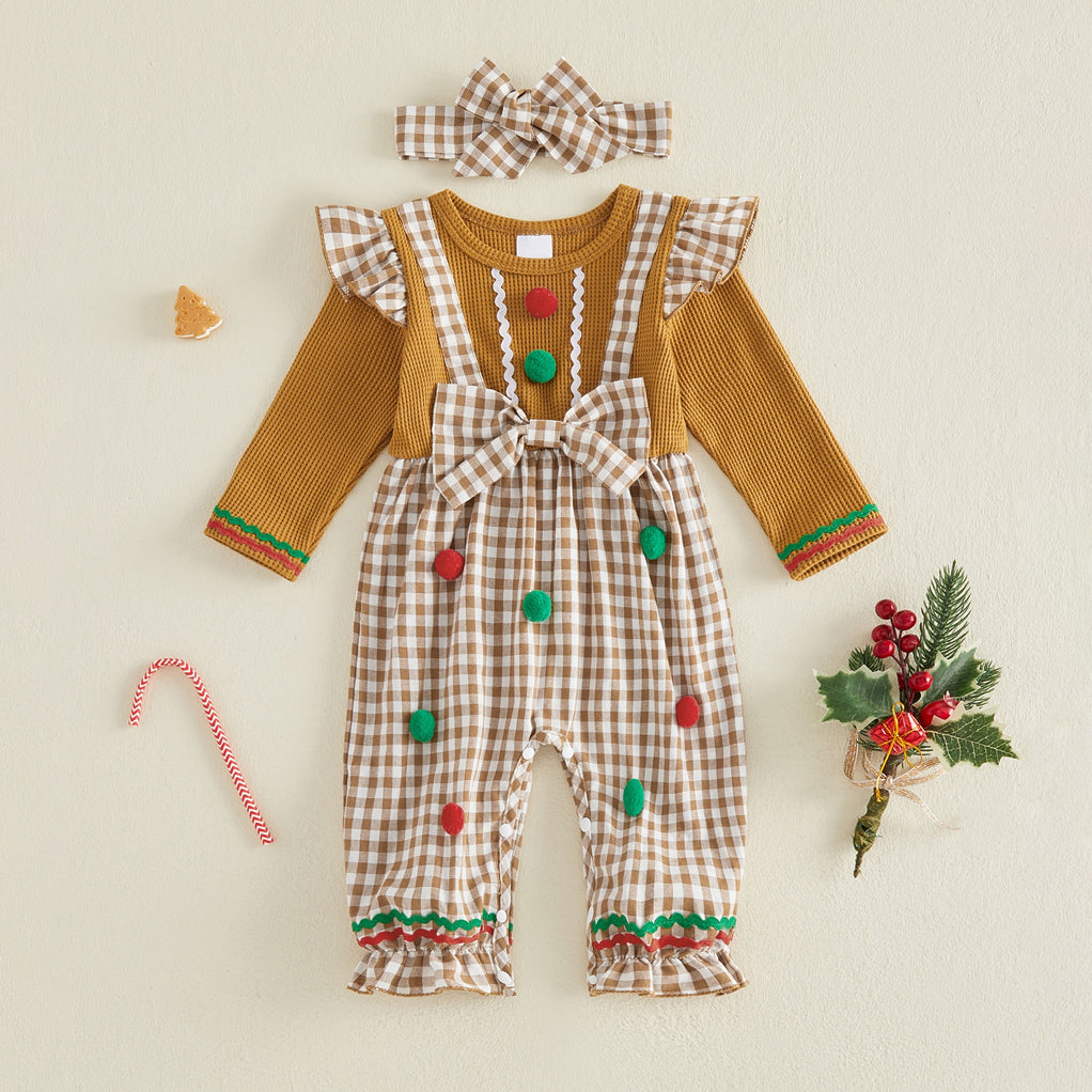 2PCS Christmas Gingerbread Man Plaid Print Baby Jumpsuit