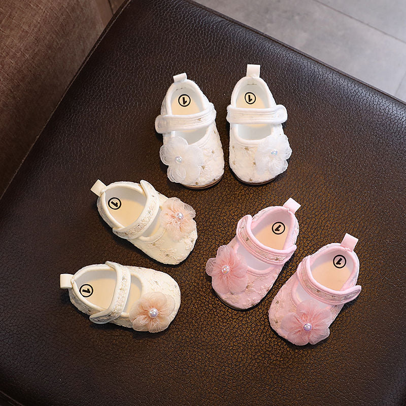 Baby Girl Pearl Flower Breathable Non-Slip Soft Sole Prewalker Shoes