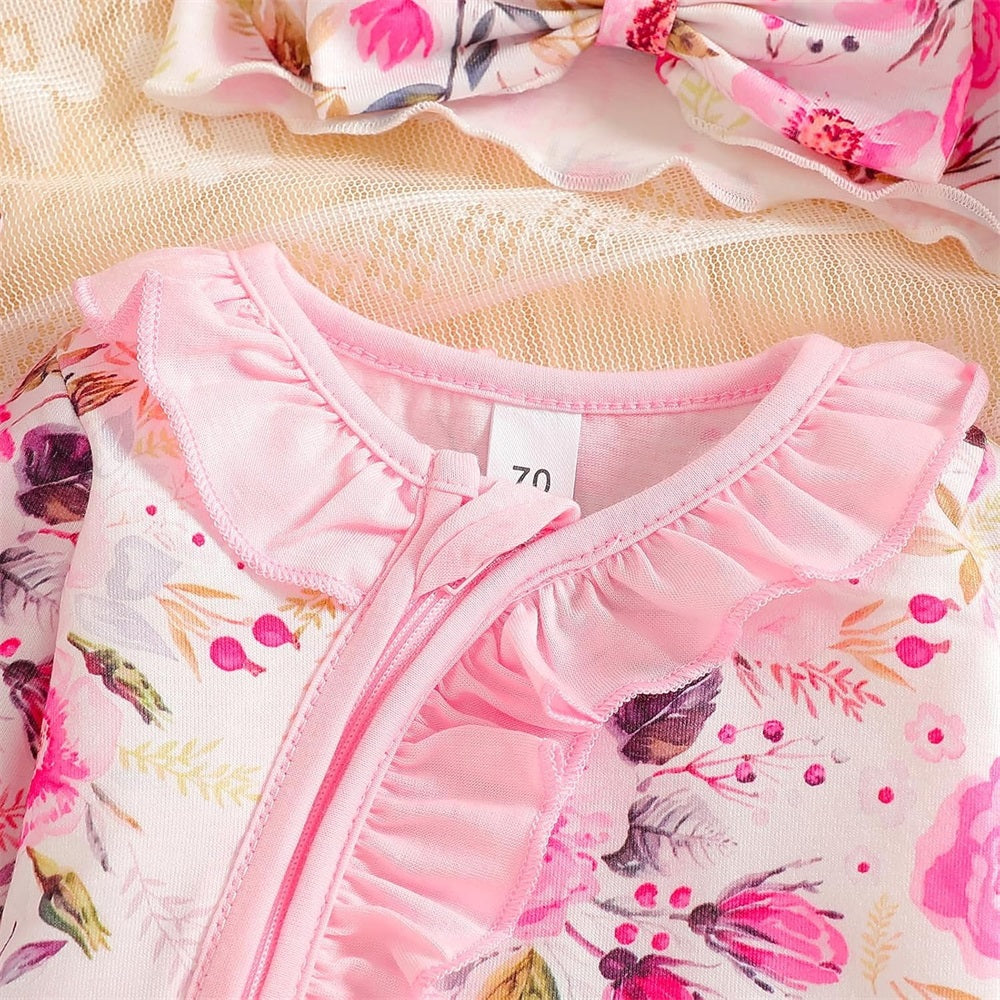 3PCS Sweet Floral Print Frill Long Sleeve Baby Jumpsuit