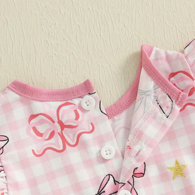 Bow Printed Plaid Letter Embroidery Smocked Baby Romper