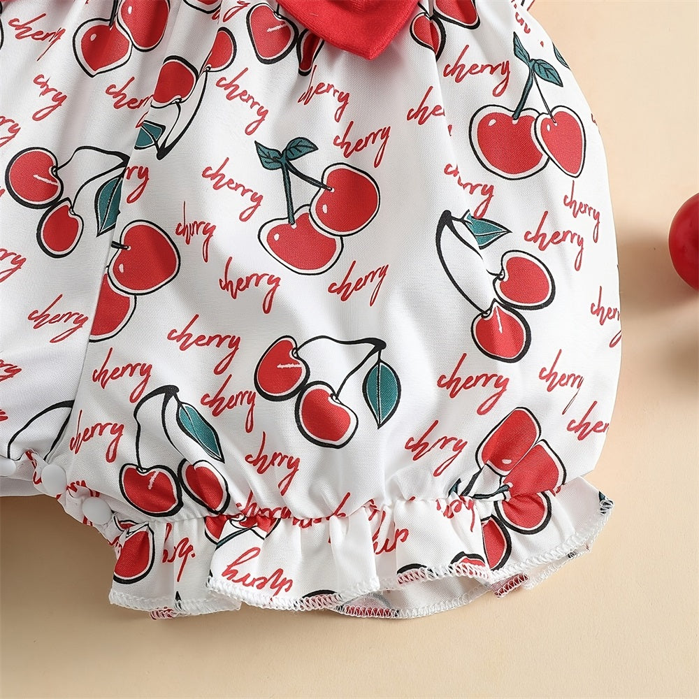 Cute Cherry Printed Bow Fly Sleeve Baby Jumpsuit