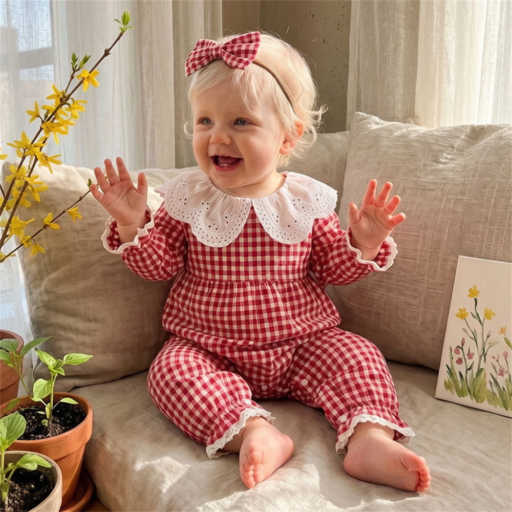 2PCS Chic Plaid Printed Long Sleeve Baby Girl Jumpsuit