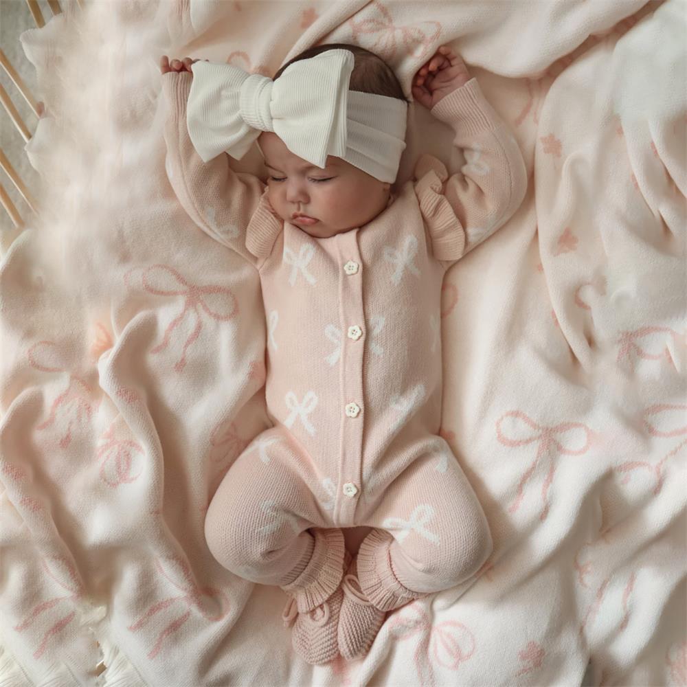 Warm Comfy Knit Bow Print Long Sleeve Baby Jumpsuit