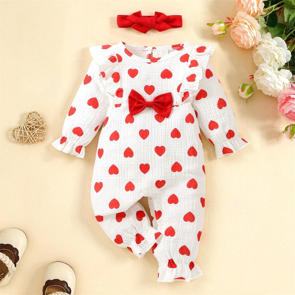 2PCS Winsome Heart Print Long Sleeve Baby Jumpsuit