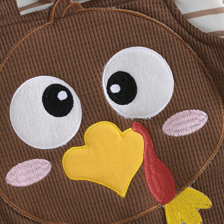 2PCS Cute Turkey Print Striped Long Sleeve Baby Jumpsuit