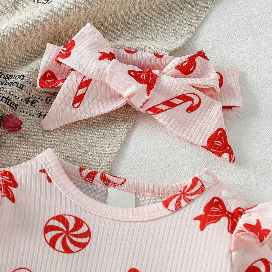 2PCS Lovely Christmas Bow Candy Cane Printed Baby Jumpsuit