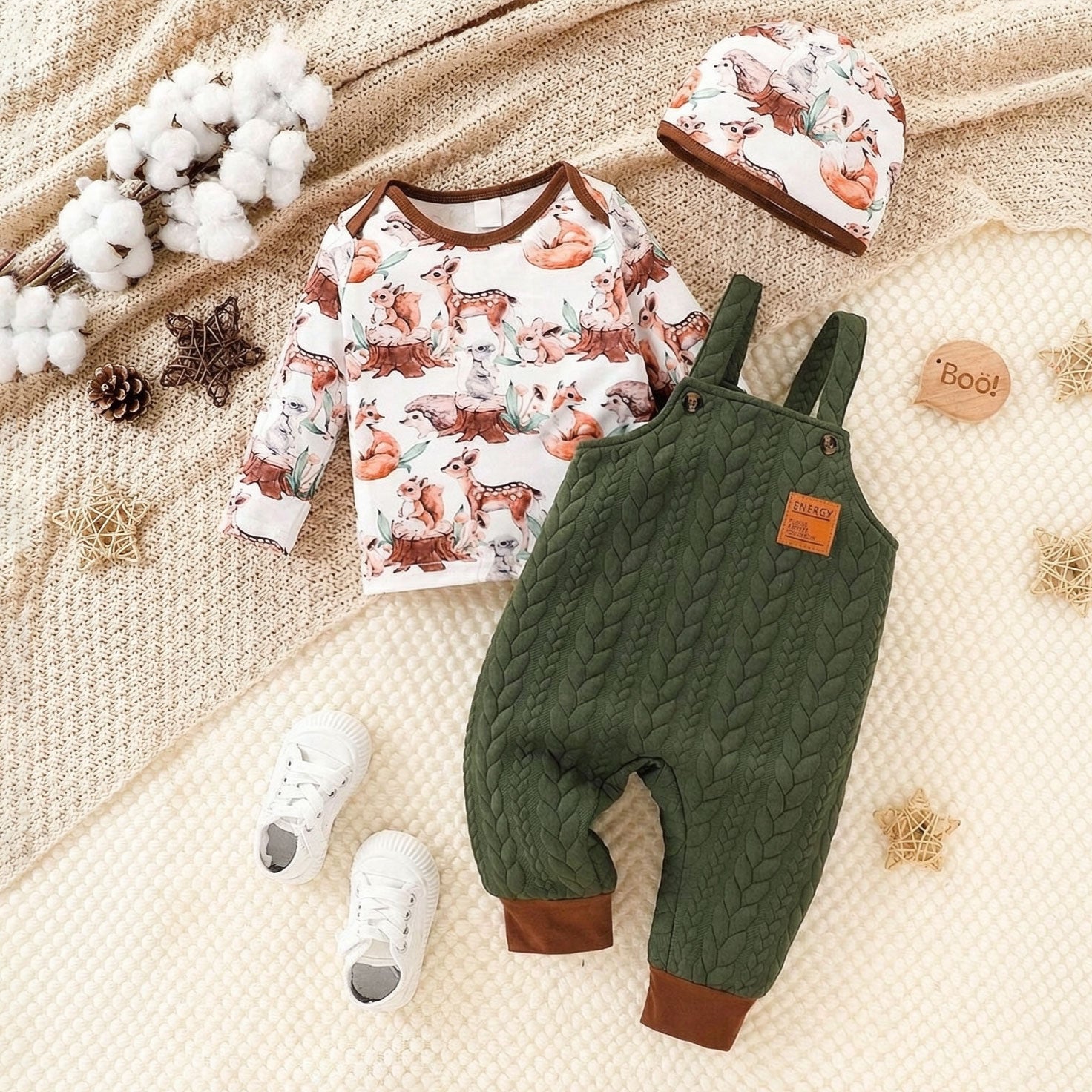 3PCS Animal Print Long Sleeve Texture Baby Overalls Set