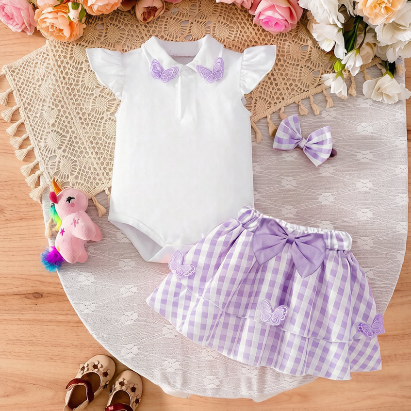 3PCS Chic Butterfly Appliqué Plaid Print Flutter Sleeve Baby Set