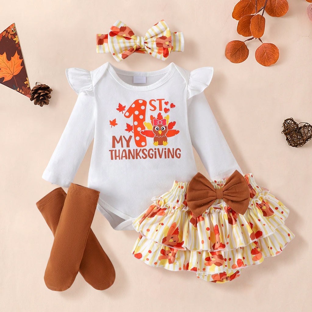 4PCS My 1st Thanksgiving Letter Turkey Printed Baby Set