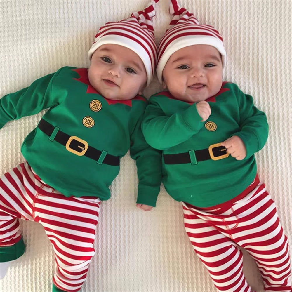 3PCS Christmas Stripe Printed Long Sleeve Baby Boy Set