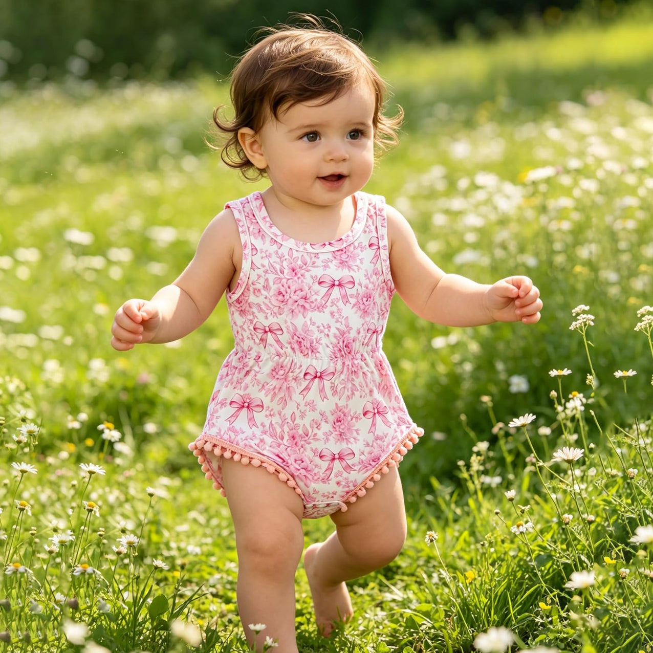 2PCS Grace Bow & Floral Printed Sleeveless Baby Romper