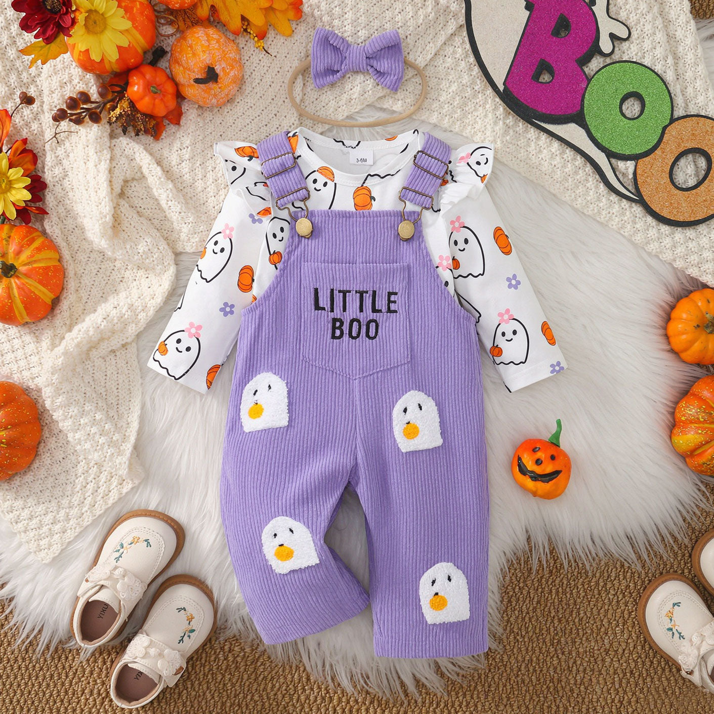 3PCS Little Boo Letter Embroidered Ghost Print Corduroy Overalls Baby Set