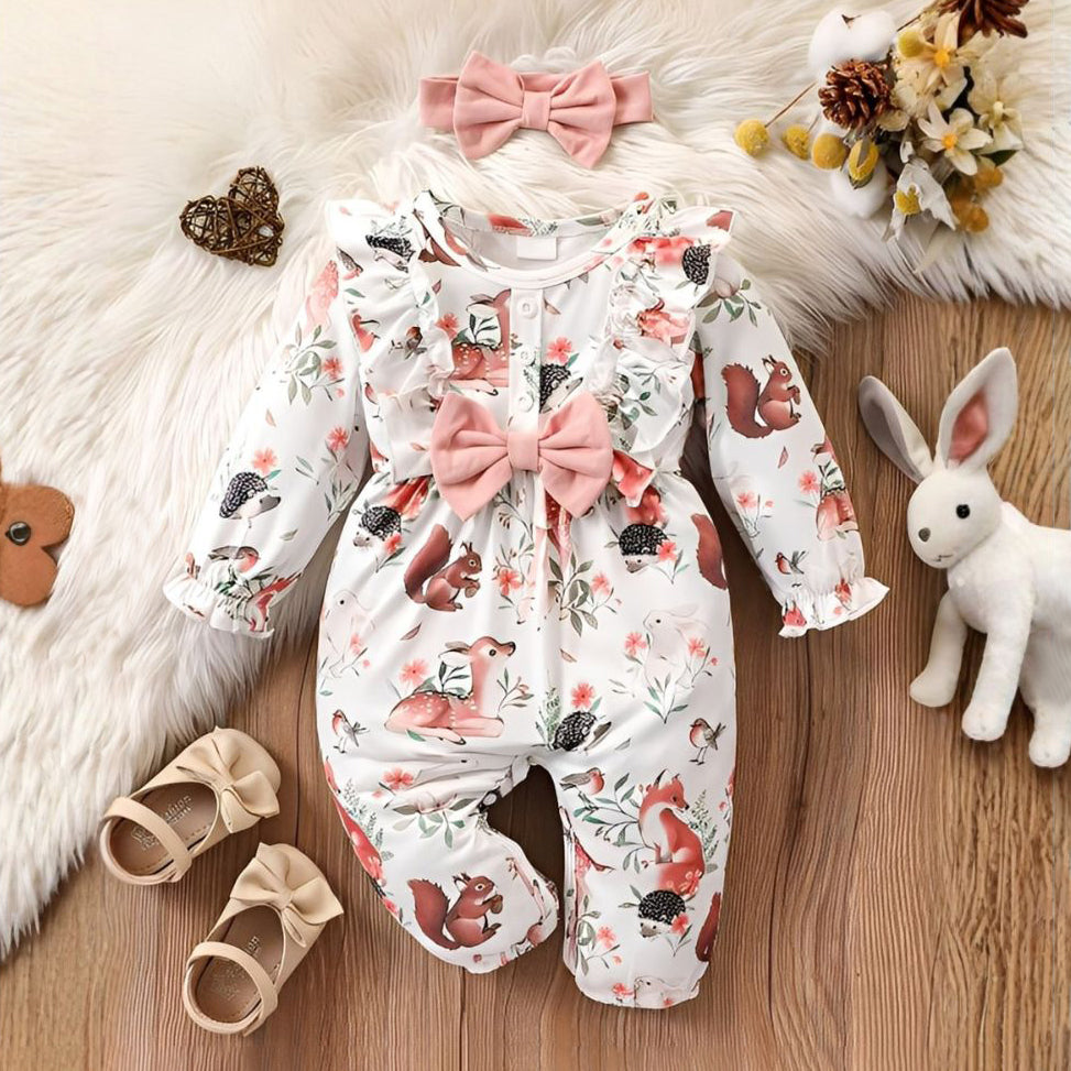 2PCS Animal Floral Printed Bow Long Sleeve Baby Jumpsuit