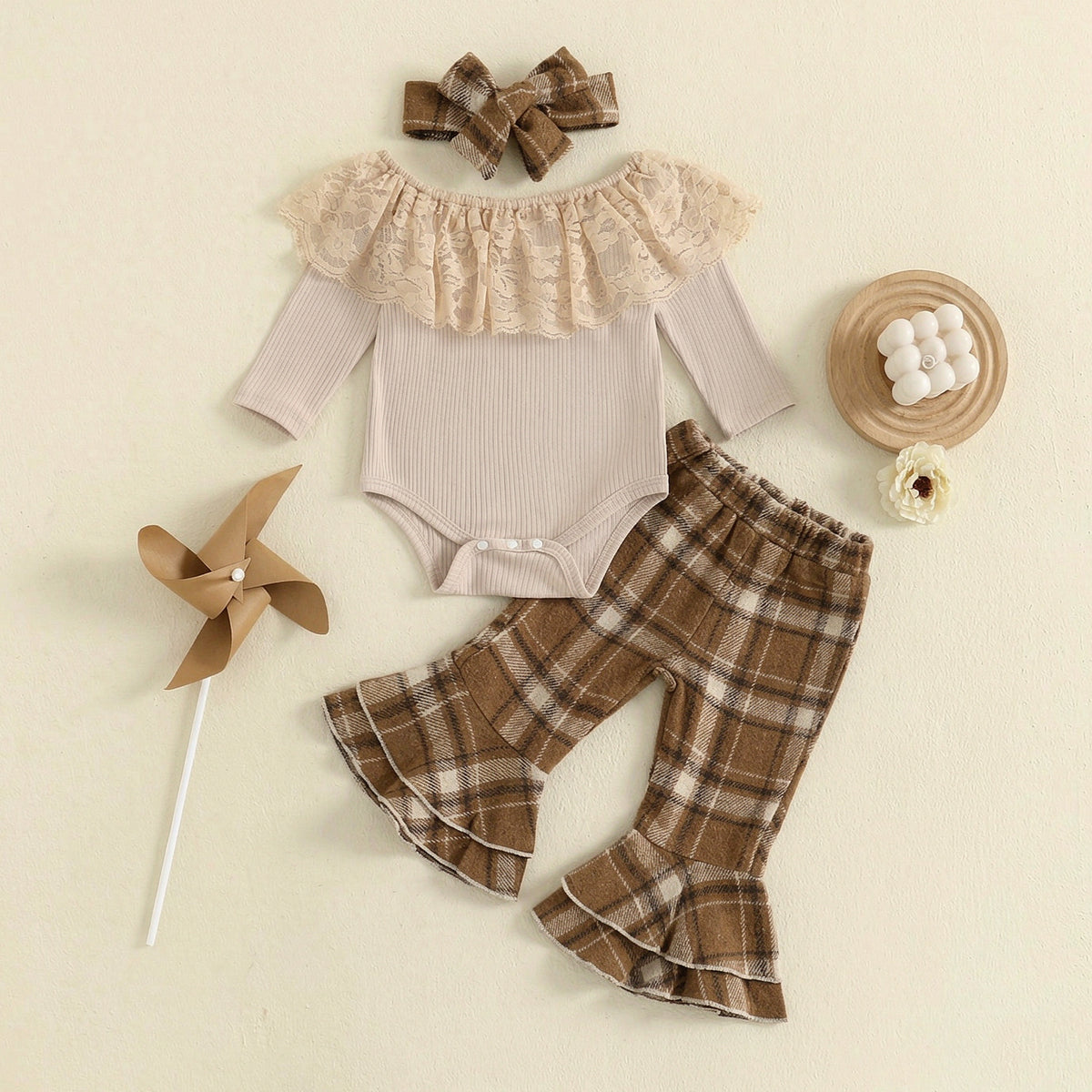 3PCS Pretty Plaid Print Lace Trim Long Sleeve Baby Girl Set