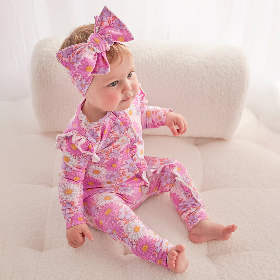 2PCS Gorgeous Floral Print Ruffle Zipper Baby Jumpsuit