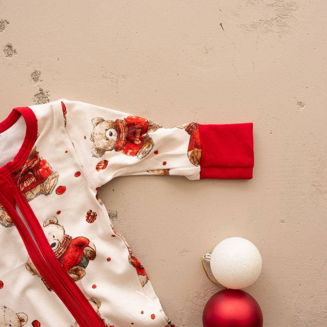 Cute Christmas Bear Printed Zipper Long Sleeve Baby Jumpsuit