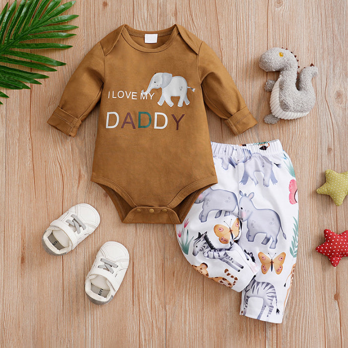 2PCS Casual I Love My Daddy Letter Animal Print Baby Set