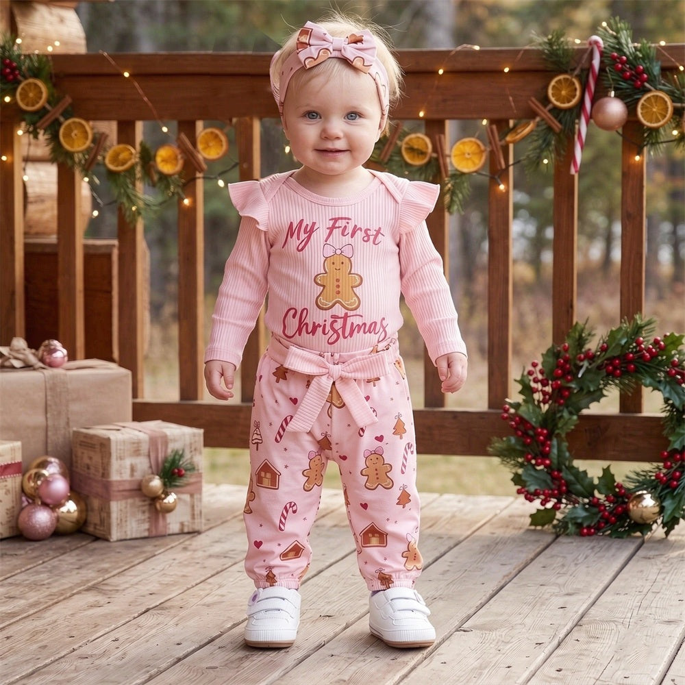 3PCS My First Christmas Letter Gingerbread Print Baby Girl Set