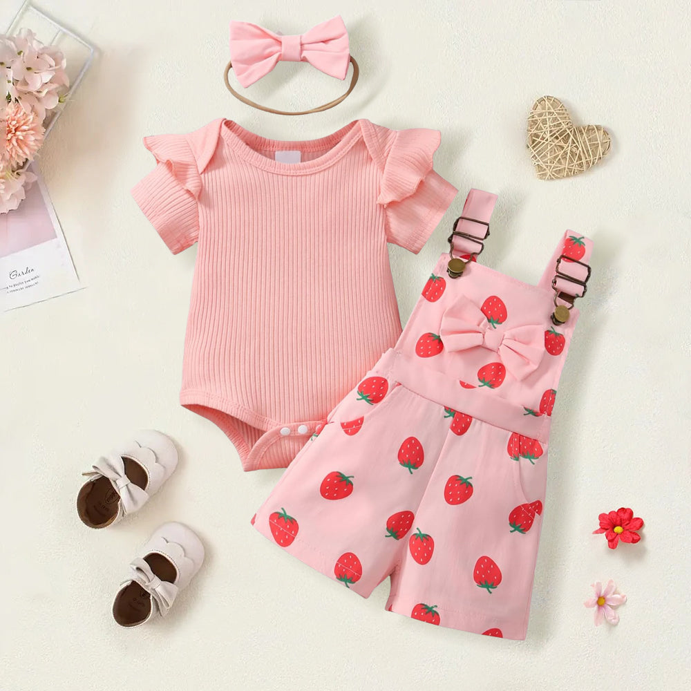 3PCS Cute Strawberry Printed Short Sleeve Baby Overalls Set