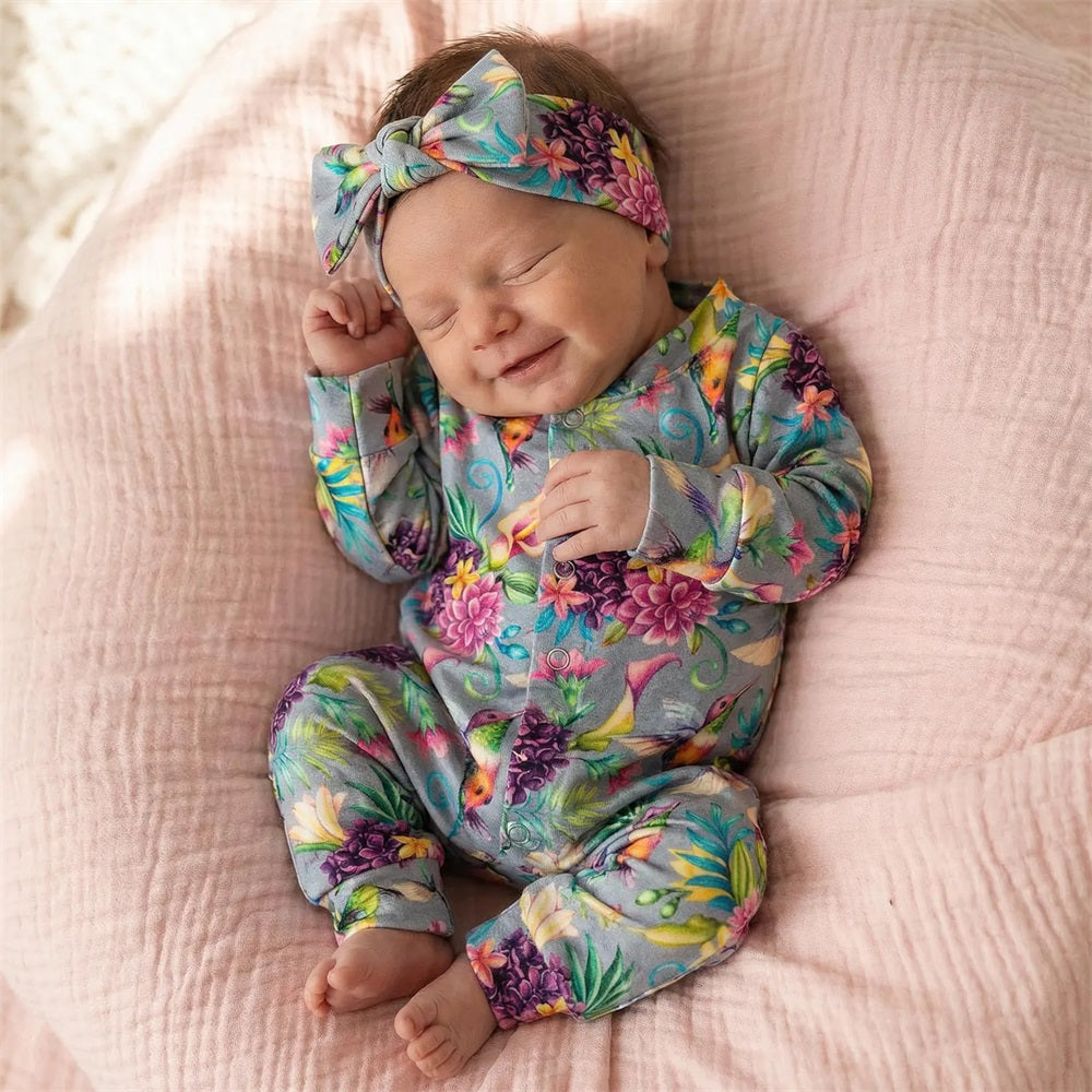 2PCS Trendy Floral Print Long Sleeve Baby Jumpsuit