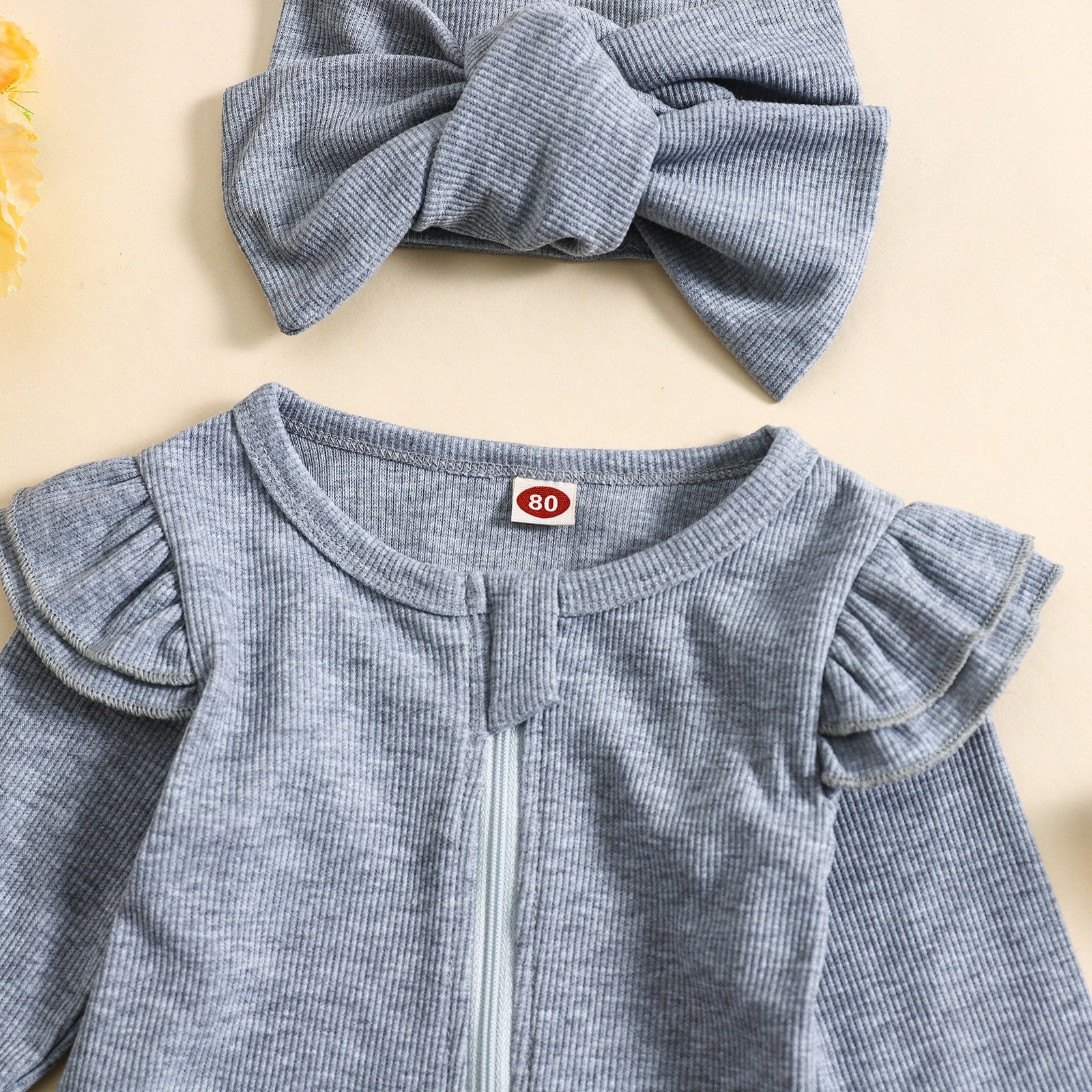 2PCS Delicate Solid Color Long Sleeve Baby Jumpsuit