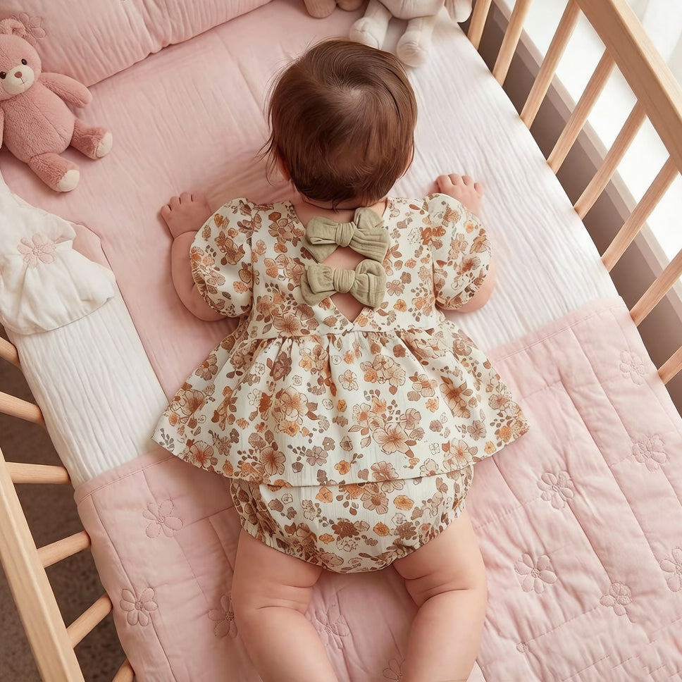 2PCS Vintage Romantic Floral Print Puff Sleeve Baby Set