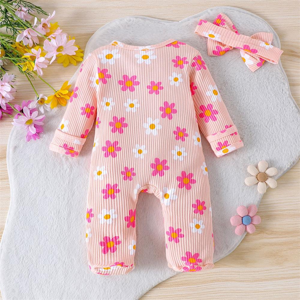 2PCS Cute Floral Print Long Sleeve Baby Jumpsuit