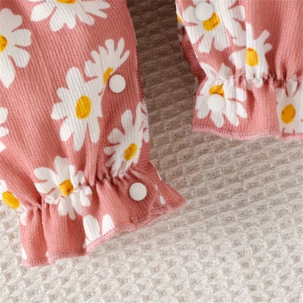 2PCS Cute Floral Print Bow Decor Long Sleeve Baby Jumpsuit