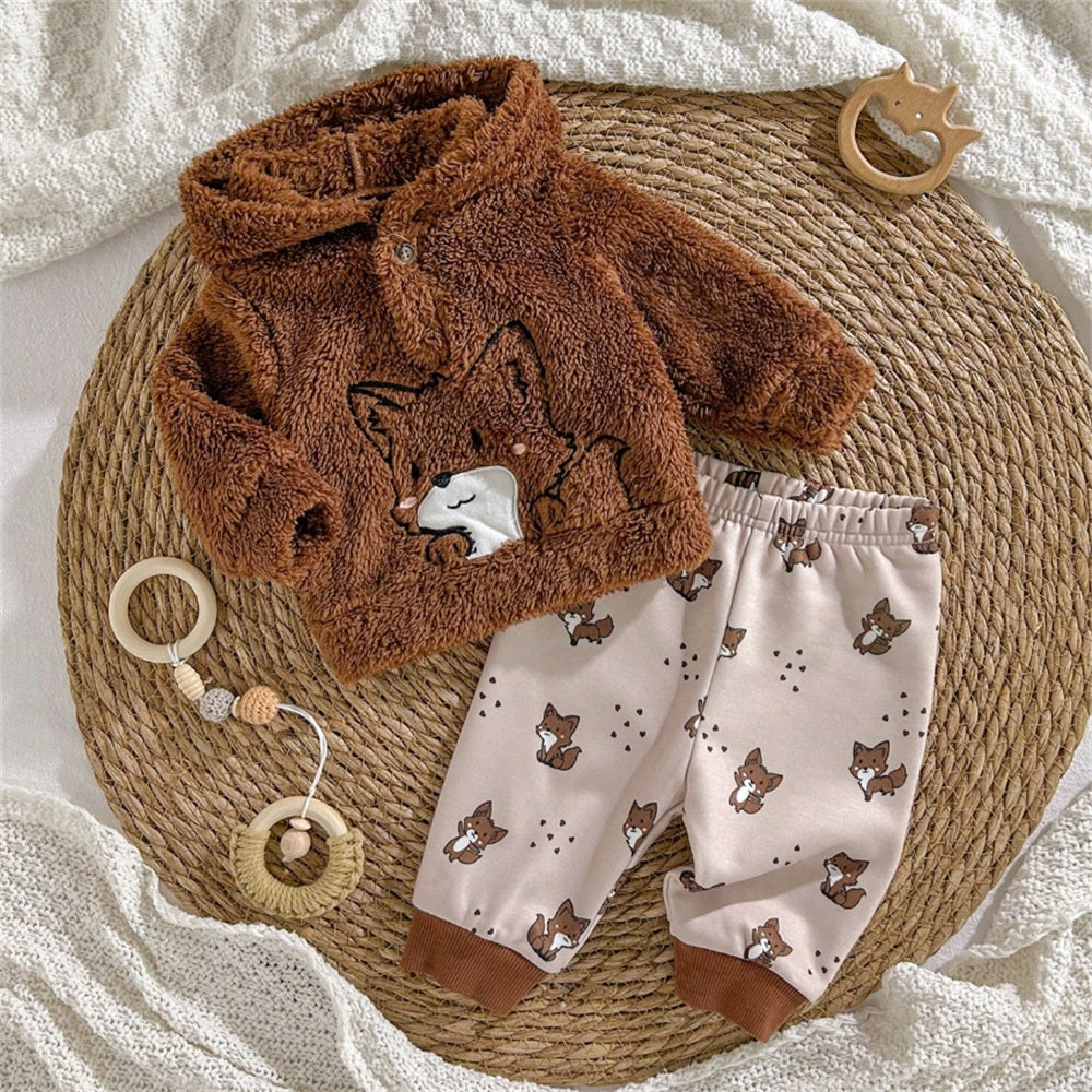 2PCS Cute Fox Print Plush Long Sleeve Baby Hooded Set