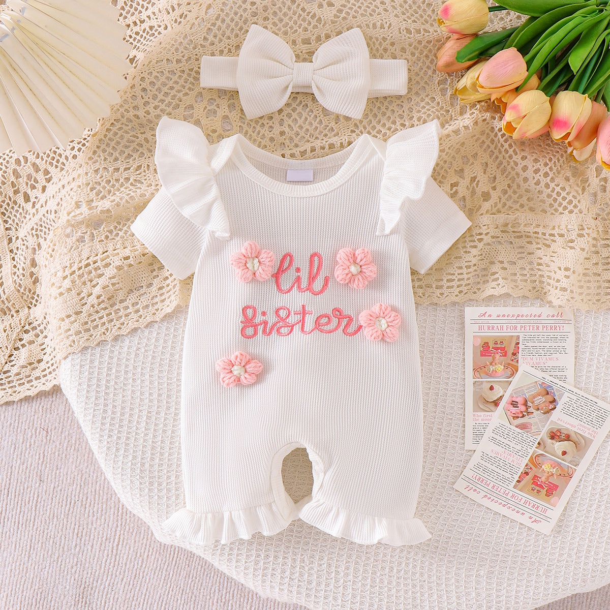 2PCS Lis Sister Letter Floral Appliqué Short Sleeve Baby Jumpsuit