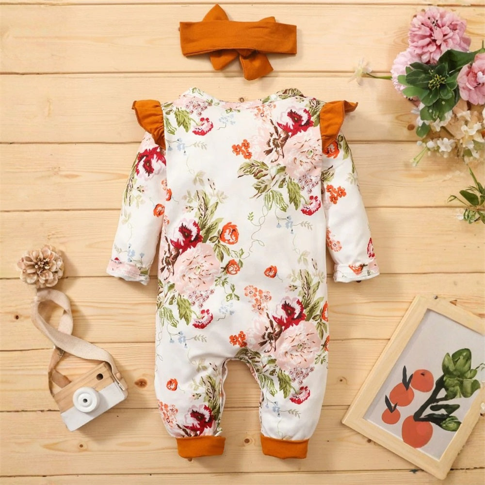 2PCS Stylish Floral Print Long Sleeve Baby Jumpsuit