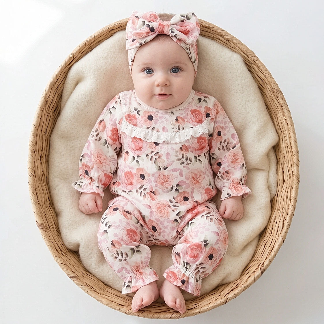 2PCS Lovely Floral Printed Ruffle Decor Long Sleeve Baby Jumpsuit