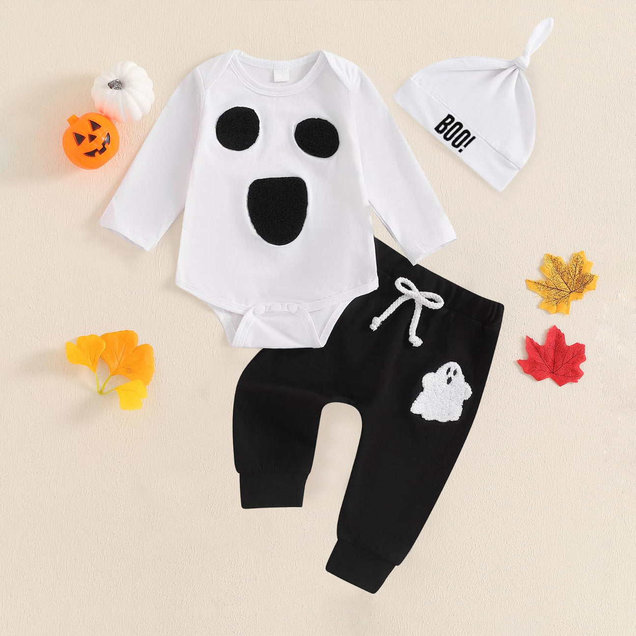 3PCS Cute Halloween Ghost Printed Long Sleeve Baby Set
