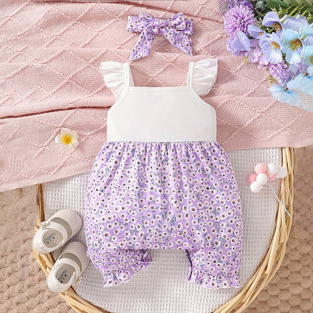 2PCS Elegant Heart And Floral Printed Sleeveless Baby Jumpsuit