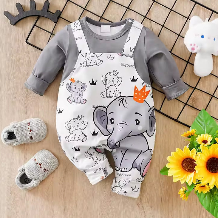 Casual Elephant King Print Long Sleeve Baby Jumpsuit