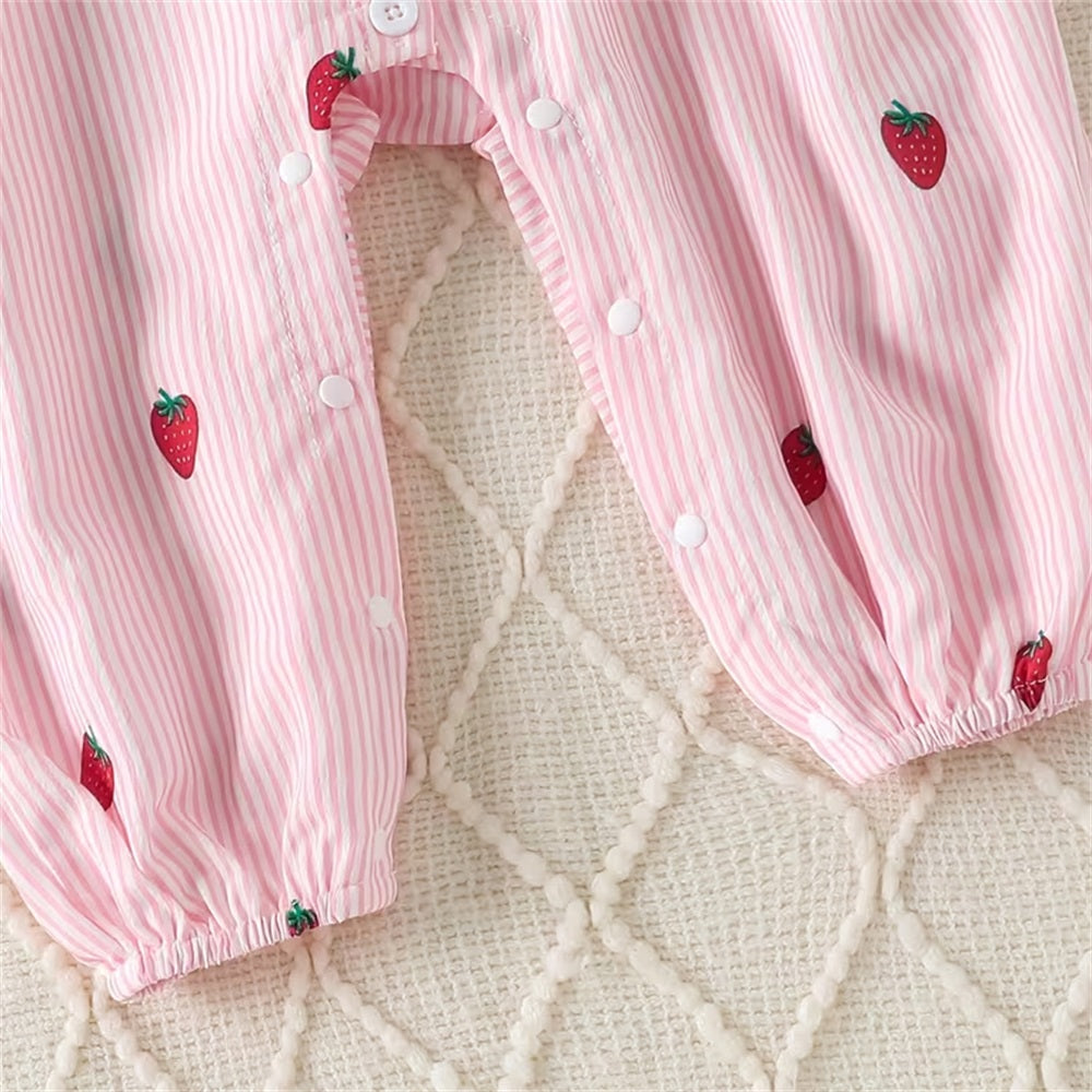 2PCS Casual Stripe Strawberry Print Long Sleeve Baby Jumpsuit