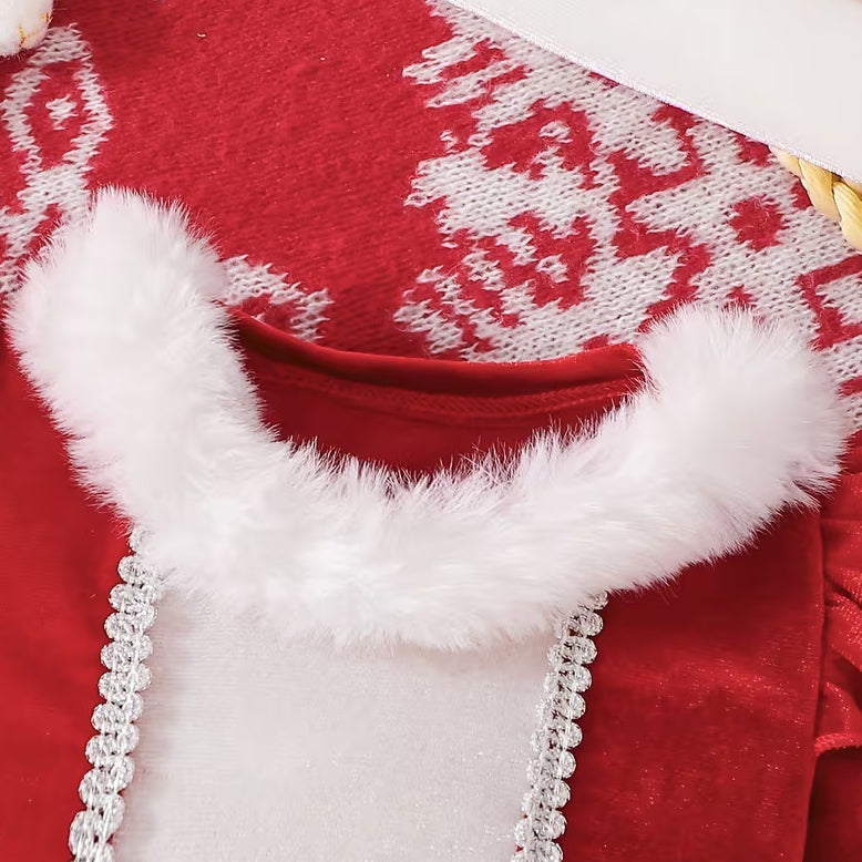 2PCS Chic Faux Fur Color Block Christmas Baby Girl Velvet Romper