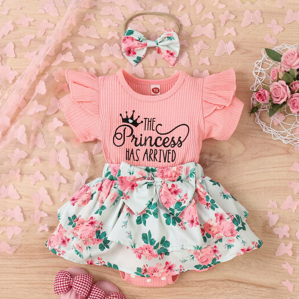 2PCS Timeless The Princess Has Arrived Letter Floral Print Baby Romper