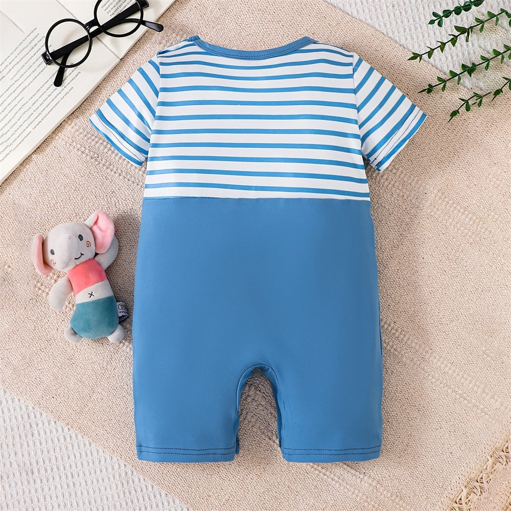Summer Elephant Printed Striped Short Sleeve Baby Jumpsuit