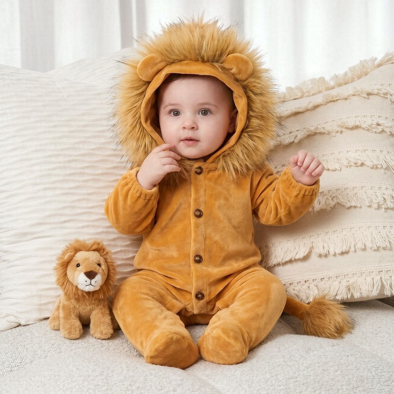 Lovely Fuzzy 3D Lion Decor Long Sleeve Hoodie Baby Jumpsuit