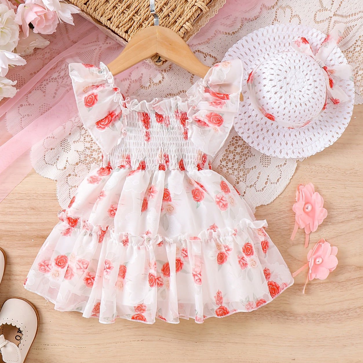 2PCS Adorable Floral Printed Flounce Sleeve Baby Dress