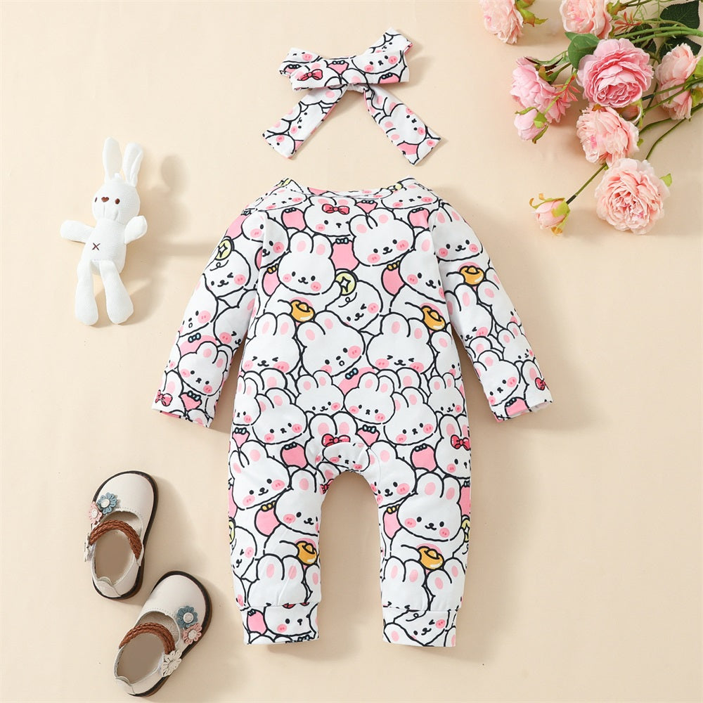 2PCS Adorable Rabbit Frill Trim Long Sleeve Baby Jumpsuit