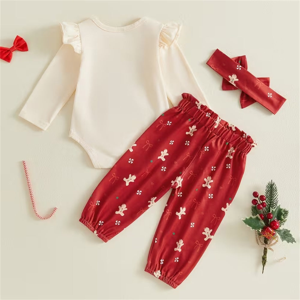 3PCS My First Christmas Letter Embroidery Gingerbread Print Baby Set
