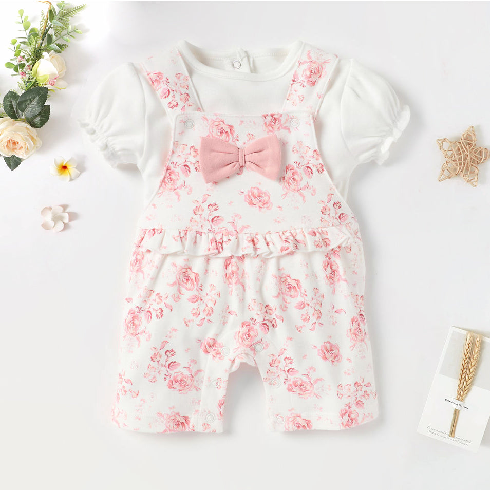 2PCS Graceful Floral Printed Overalls Baby Set